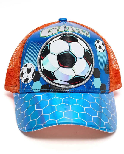 Vest cap with orange mesh back and blue hex-pattern brim, soccer-ball graphic front