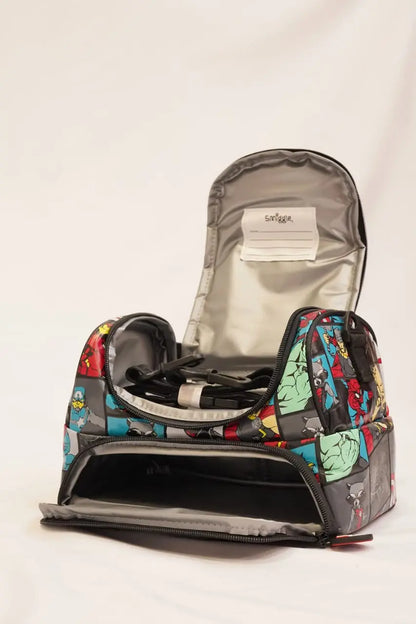 Black Marvel lunch bag with open front compartment, zip closure, and graphic side panels.