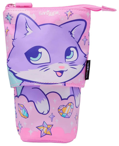 Cat-themed pencil case in pink and purple with zipper top and stand-style sleeve