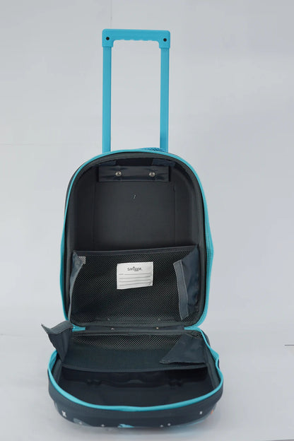 Kids astronaut space trolley bag with open top and dark interior, mesh pocket visible