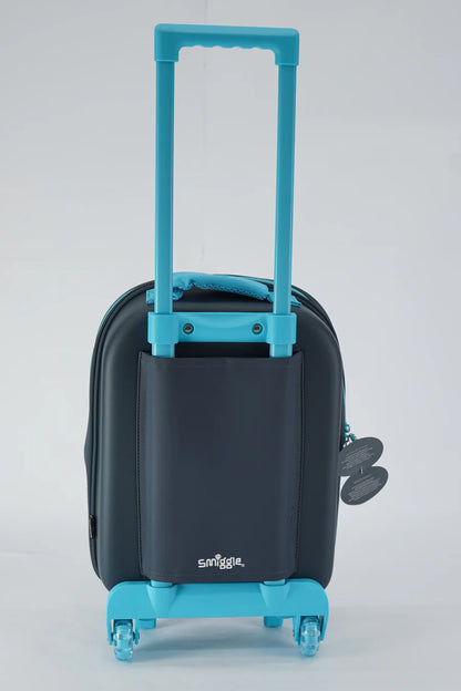 Kids astronaut space trolley bag back view, black shell with blue handle and four wheels