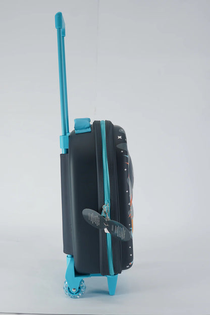 Kids astronaut space trolley bag side view, black with blue zipper trim and upright handle