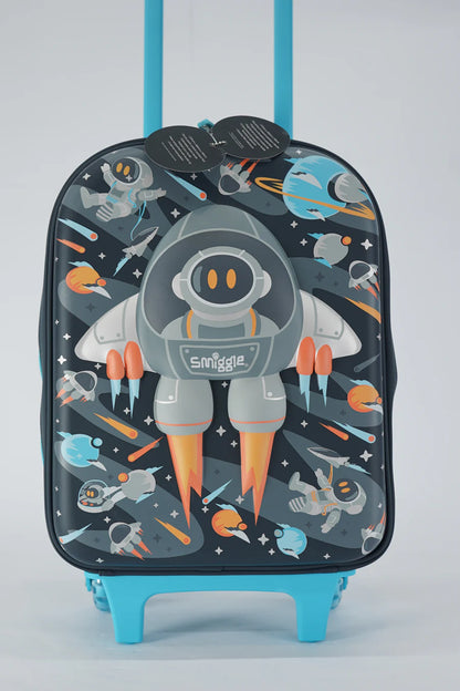 Kids astronaut space trolley bag front view, black with astronaut graphic and blue base