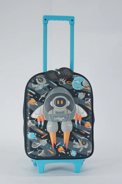 Kids astronaut space trolley bag: black shell with space crew graphic, blue handle and wheels