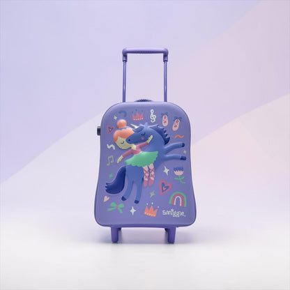 Blue unicorn ballet kids rolling trolley, front view, extendable handle and wheels