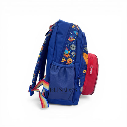 Blue learning backpack with space dinosaur print and red zip side pocket