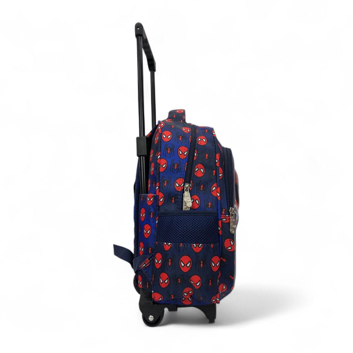Rolling backpack on wheels with navy shell and red-and-blue spider pattern, side view