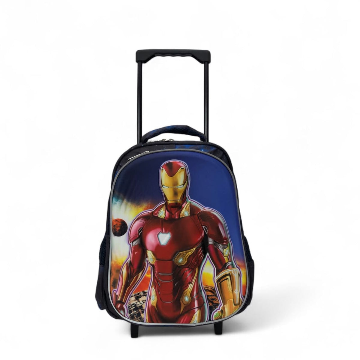 Iron Man character rolling backpack with extendable handle and front graphic