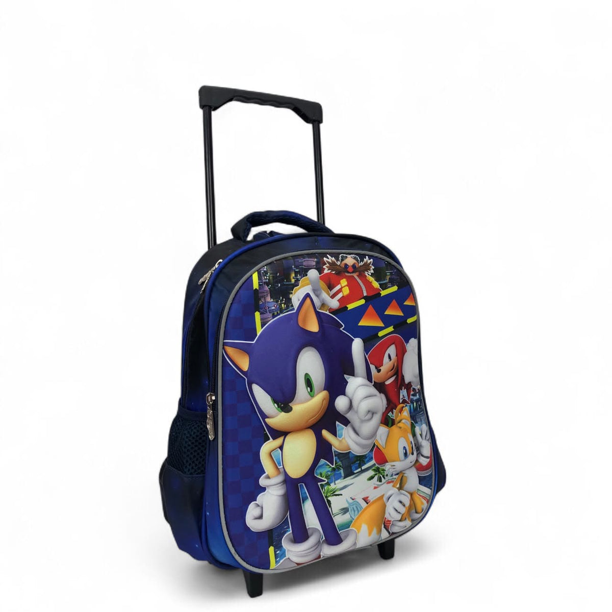 Character printed blue rolling trolley backpack, side view, retractable handle
