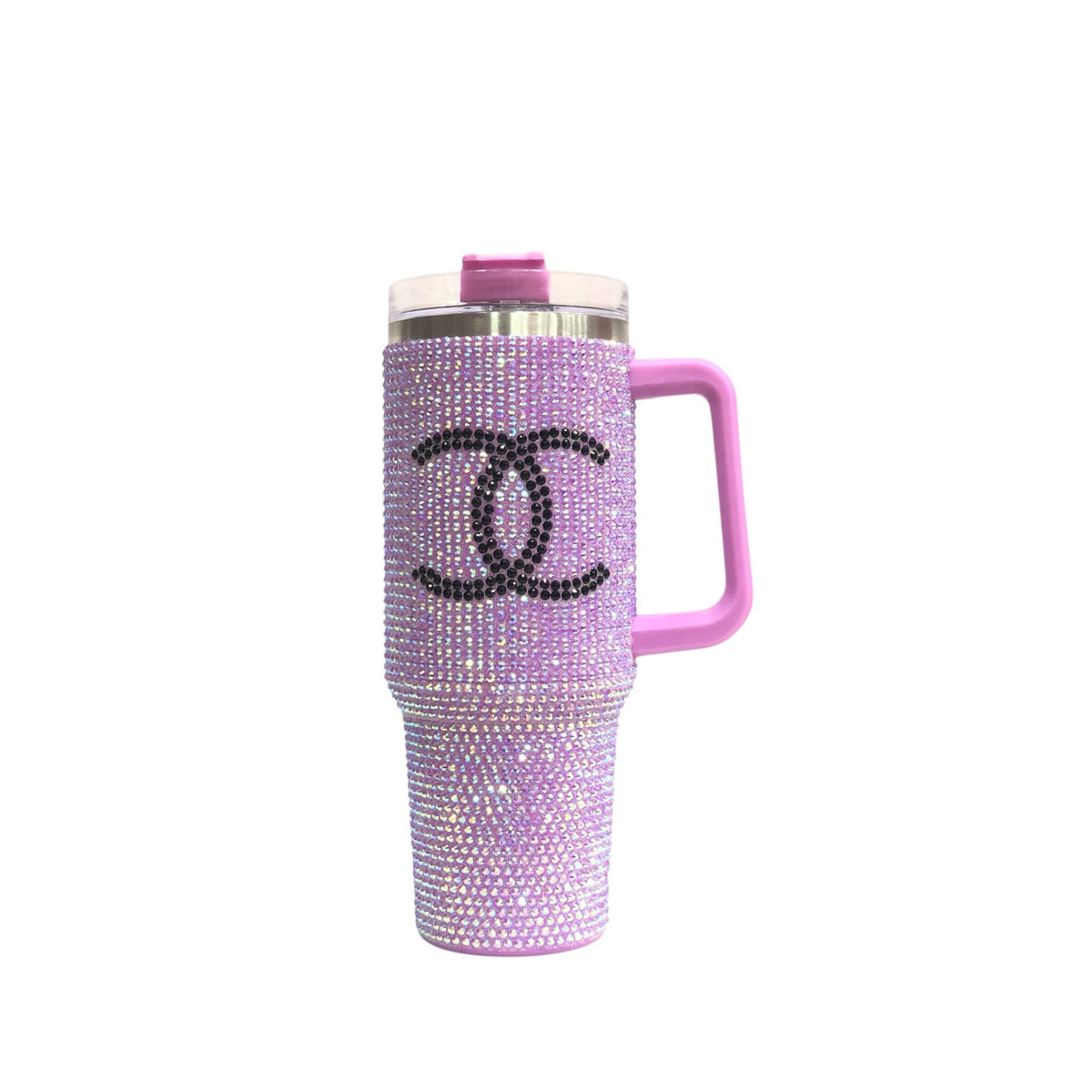 Pink rhinestone tumbler with clear lid, pink handle, and black CC-style face logo