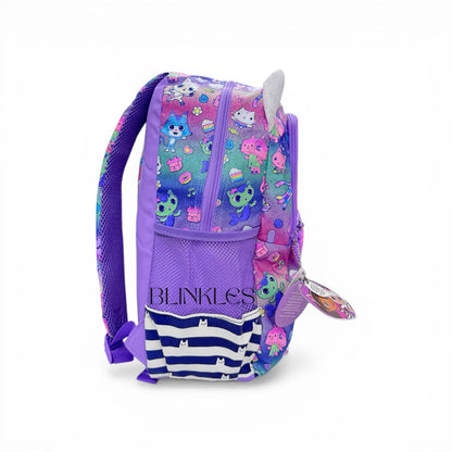 Purple character backpack with front logo patch and dangling charm at side