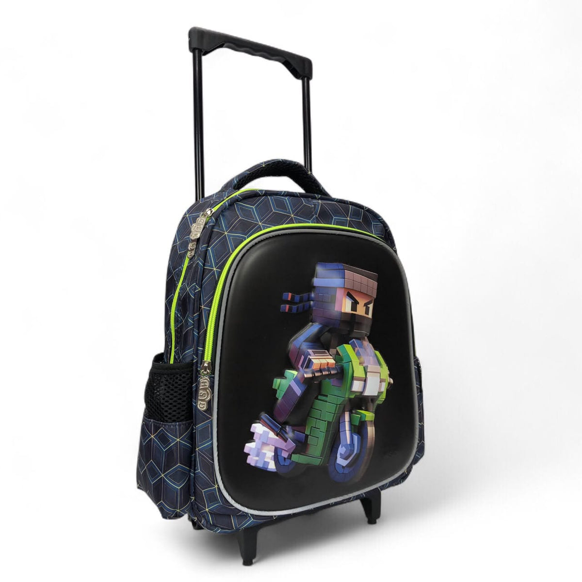 Rolling backpack angled front, dark blue geometric sides and pixel character on black panel