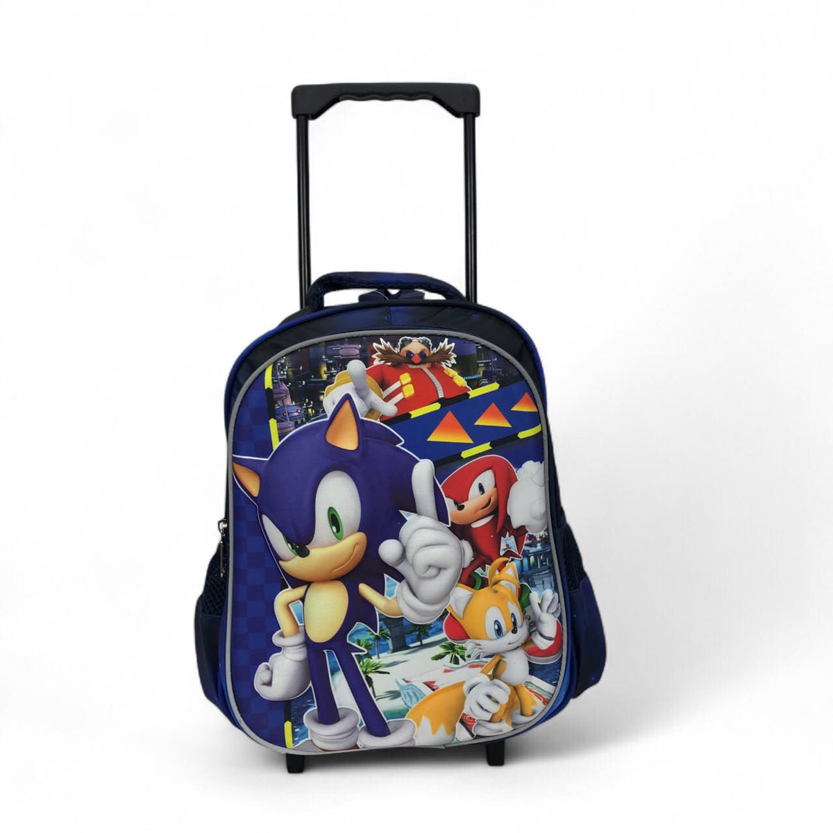 Character printed blue rolling trolley backpack with front panel art and wheels
