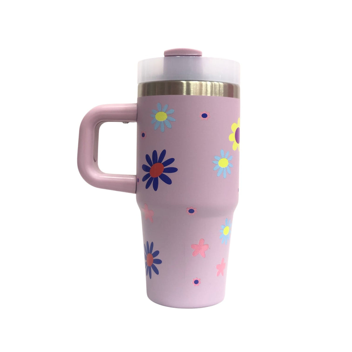 Pink Minnie tumbler with floral dots, lid and straw, and side handle.