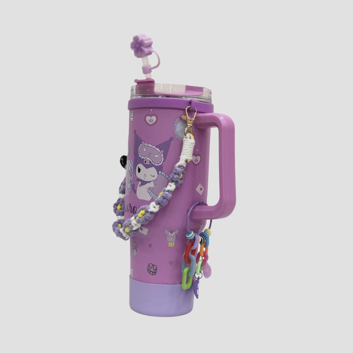 Purple Kuromi character tumbler with handle, flip lid, charm strap and plush