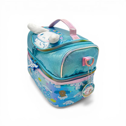 Cinnamoroll lunch bag, teal with pink handle and front zipper pocket, plush character detail