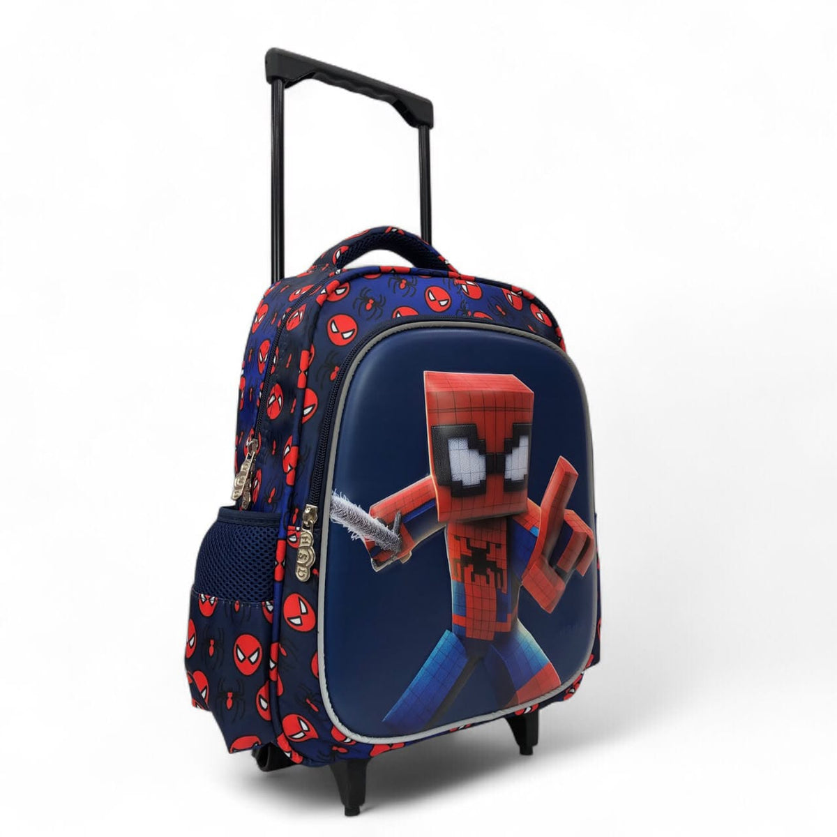 Rolling backpack with navy front featuring a pixel hero character print and spider pattern sides