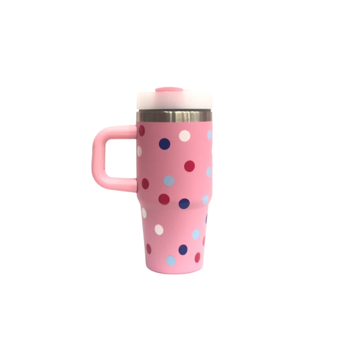 Pink Minnie Mouse tumbler with polka-dot pattern, pink handle, stainless lid