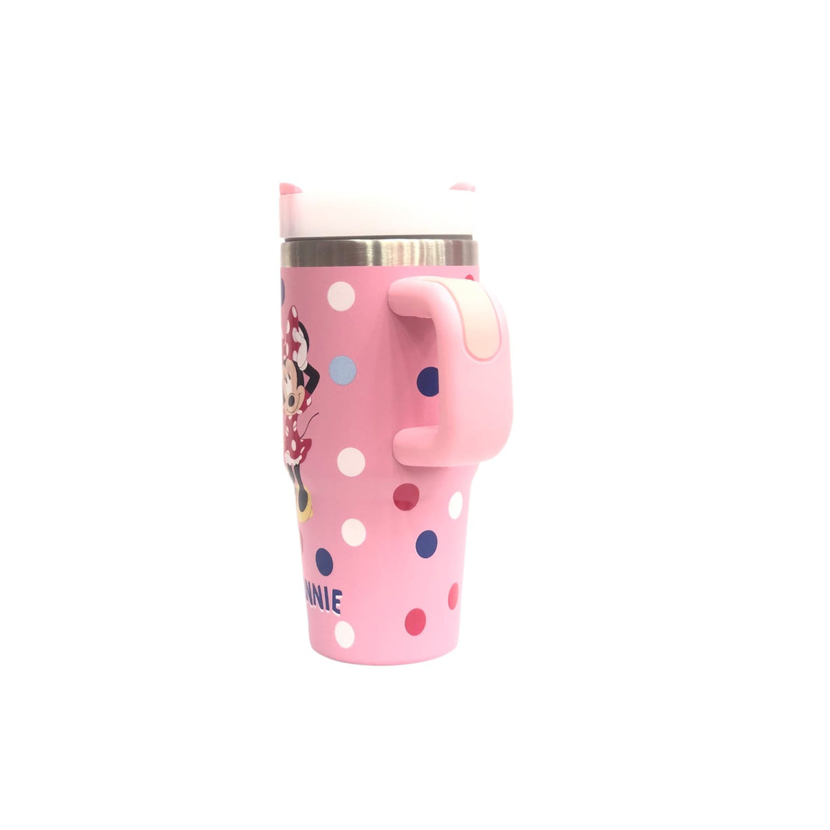 Pink Minnie Mouse tumbler with side handle and polka dots, closed stainless lid