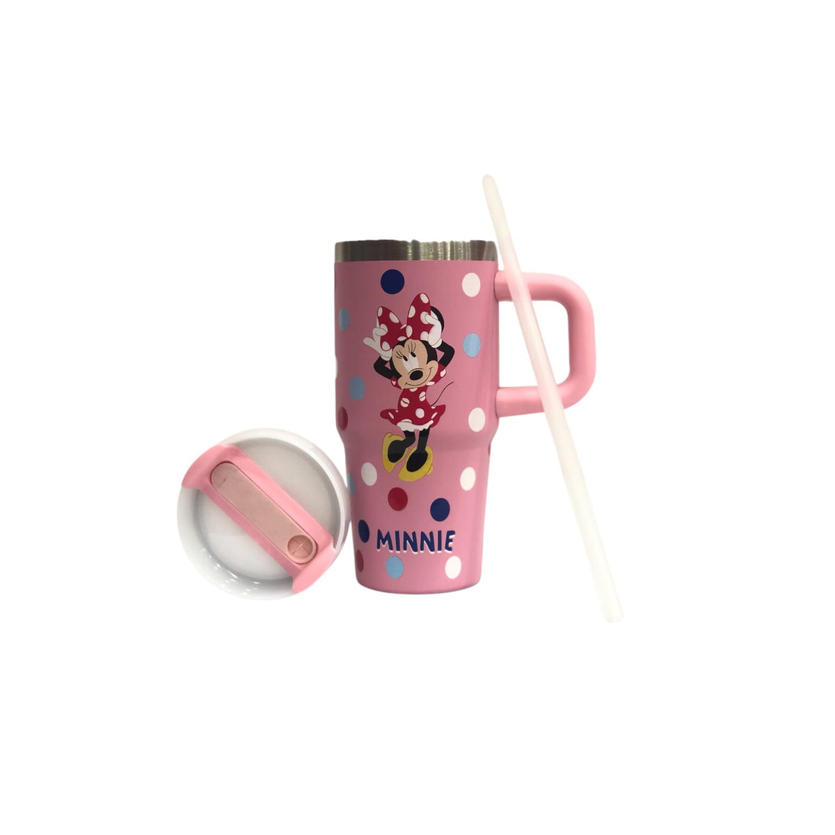 Pink Minnie Mouse tumbler with Minnie graphic, pink straw, flip-open stainless lid