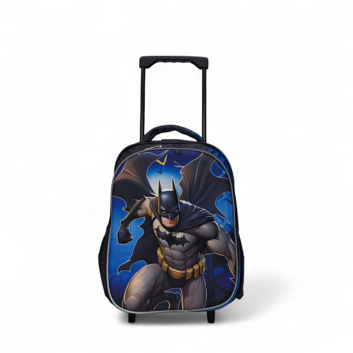 Blue and black trolley bag with Batman face graphic, front zip and small wheels