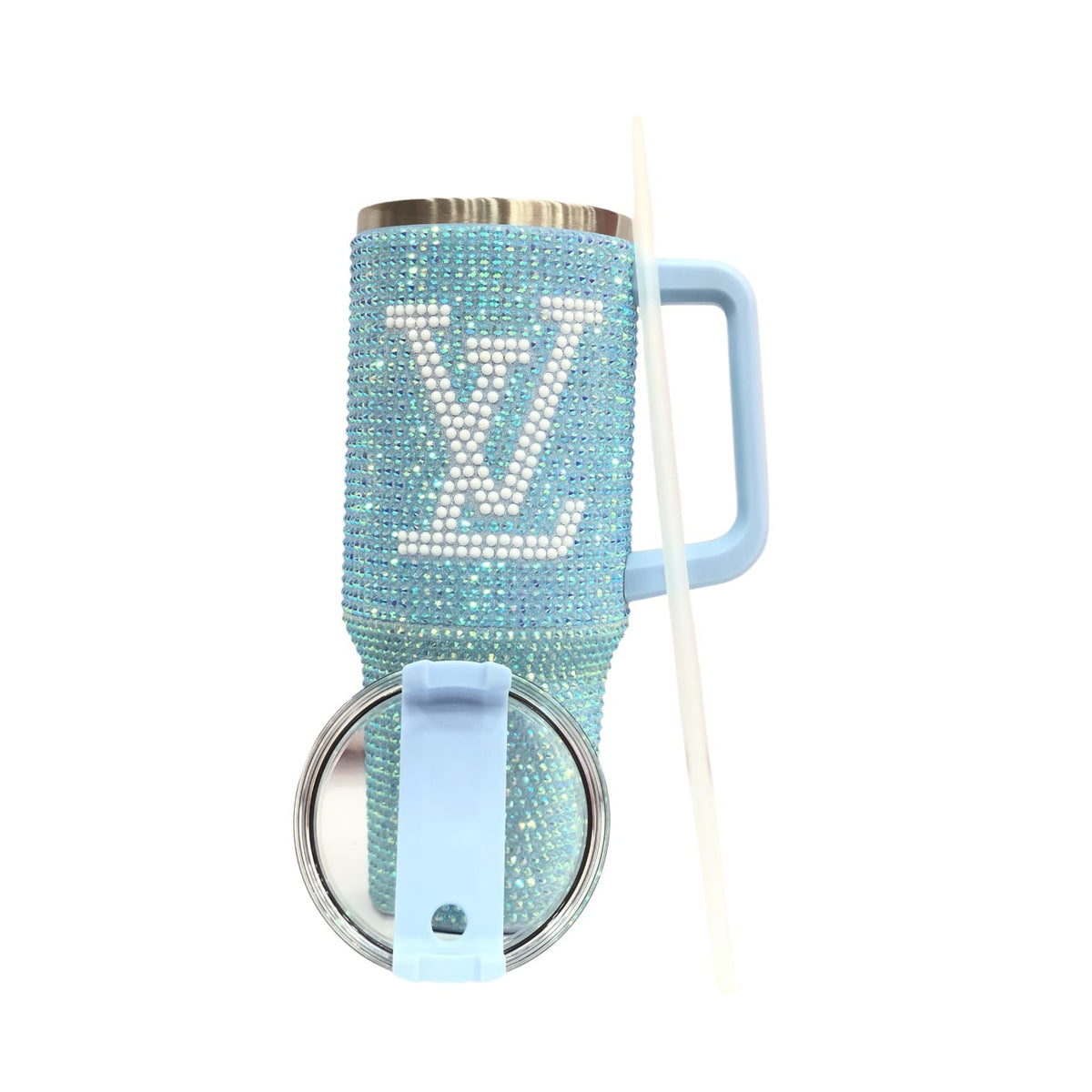 Light blue rhinestone LV tumbler with side handle, clear straw, and crystal top lid