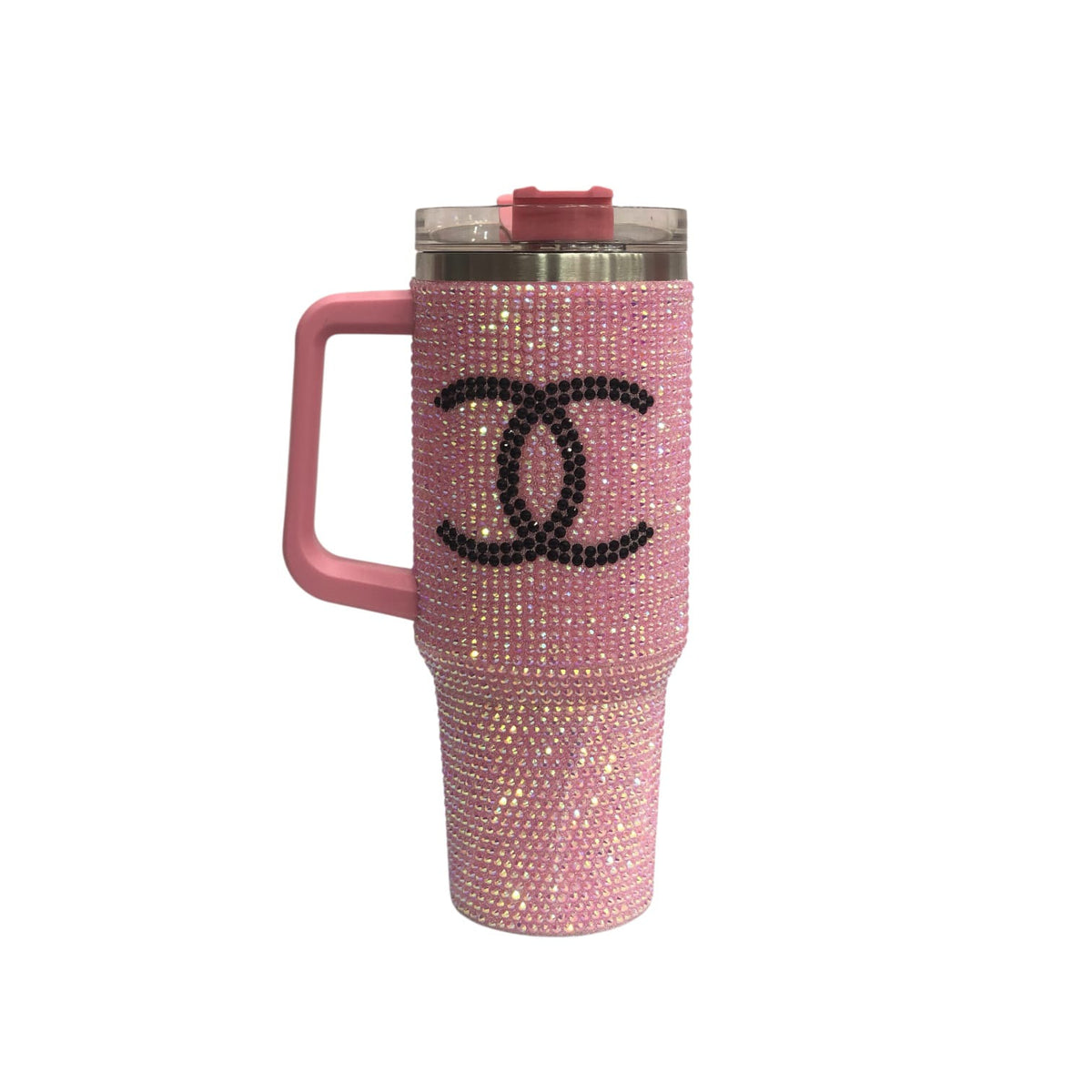 Pink rhinestone tumbler with black CC-style logo, clear lid and pink handle