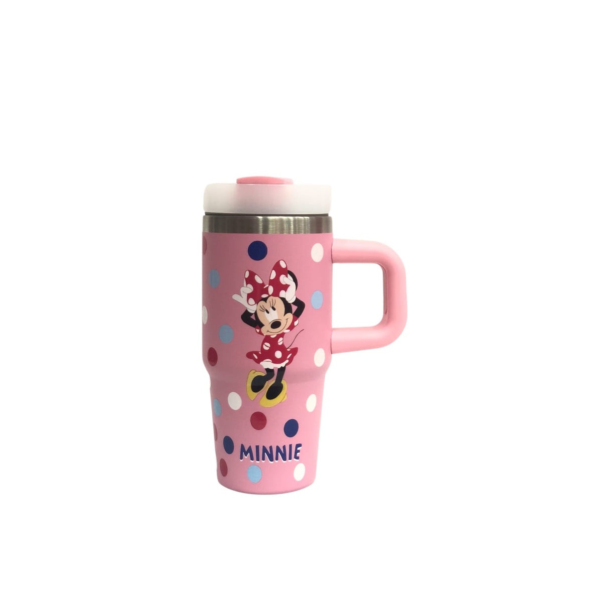 Light pink Minnie tumbler with polka dots and Minnie graphic, lid and straw, handle.