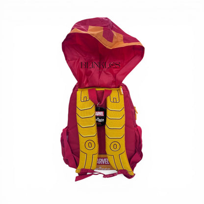 Maroon and yellow Iron Man–style school backpack with character print and straps