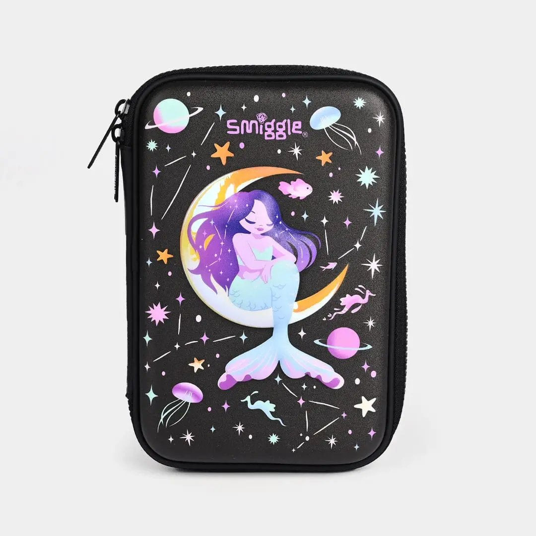 Black zip pouch with mermaid graphic, stars, and Smiggle branding