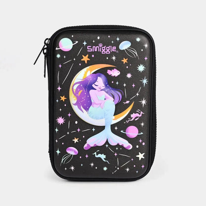 Black zip pouch with mermaid graphic, stars, and Smiggle branding