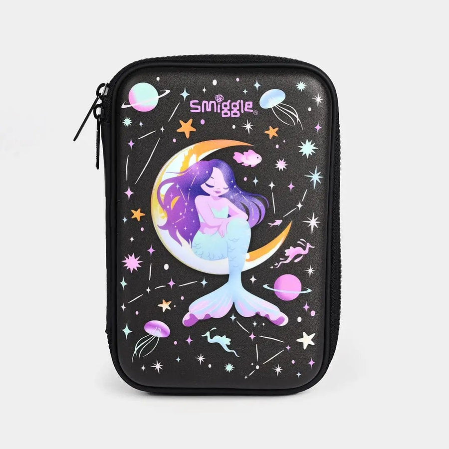 Black zip pouch with mermaid graphic, stars, and Smiggle branding