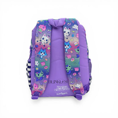Purple kids backpack with character pattern, padded straps, and 'BLINKLES' back panel