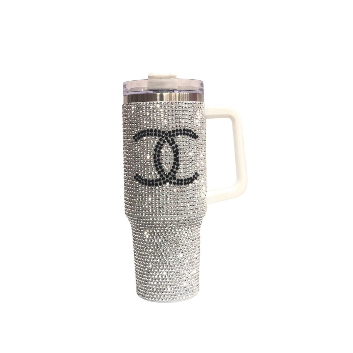 Silver rhinestone tumbler with white handle and clear lid, black CC-style logo