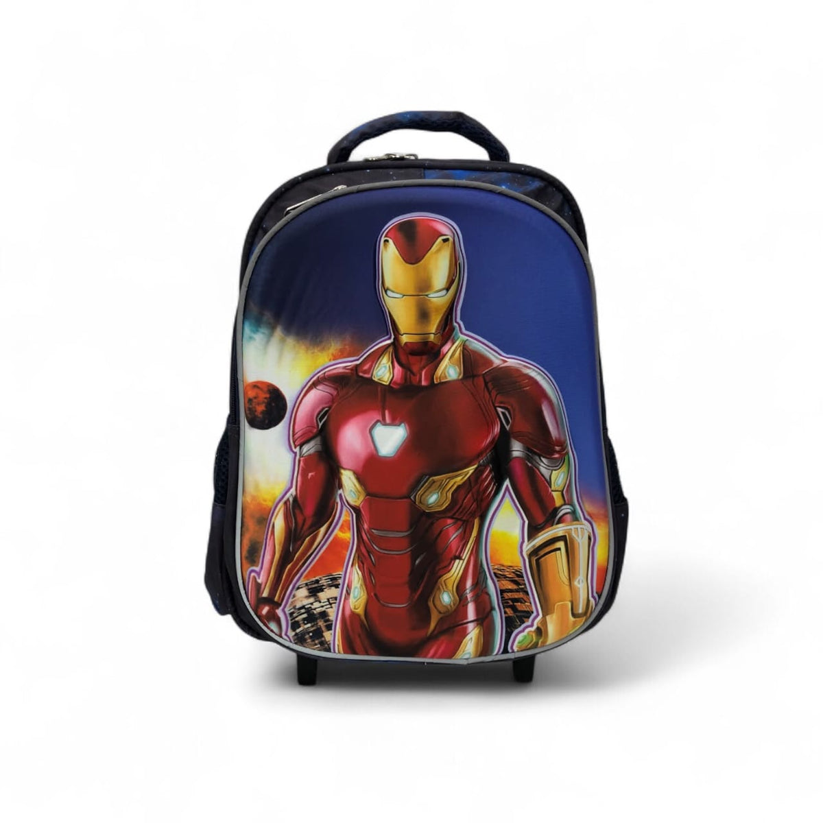 Navy rolling backpack with large Iron Man character art on the front panel