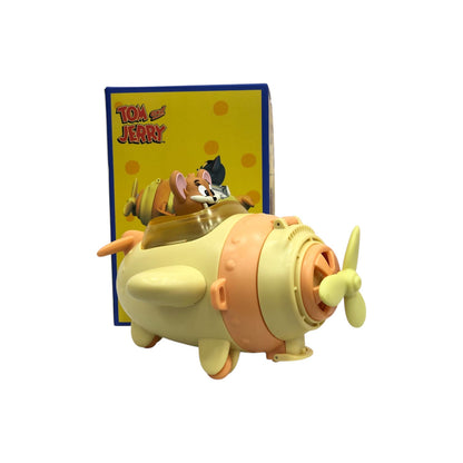 Yellow airplane water bottle with Jerry face, side view with round propeller
