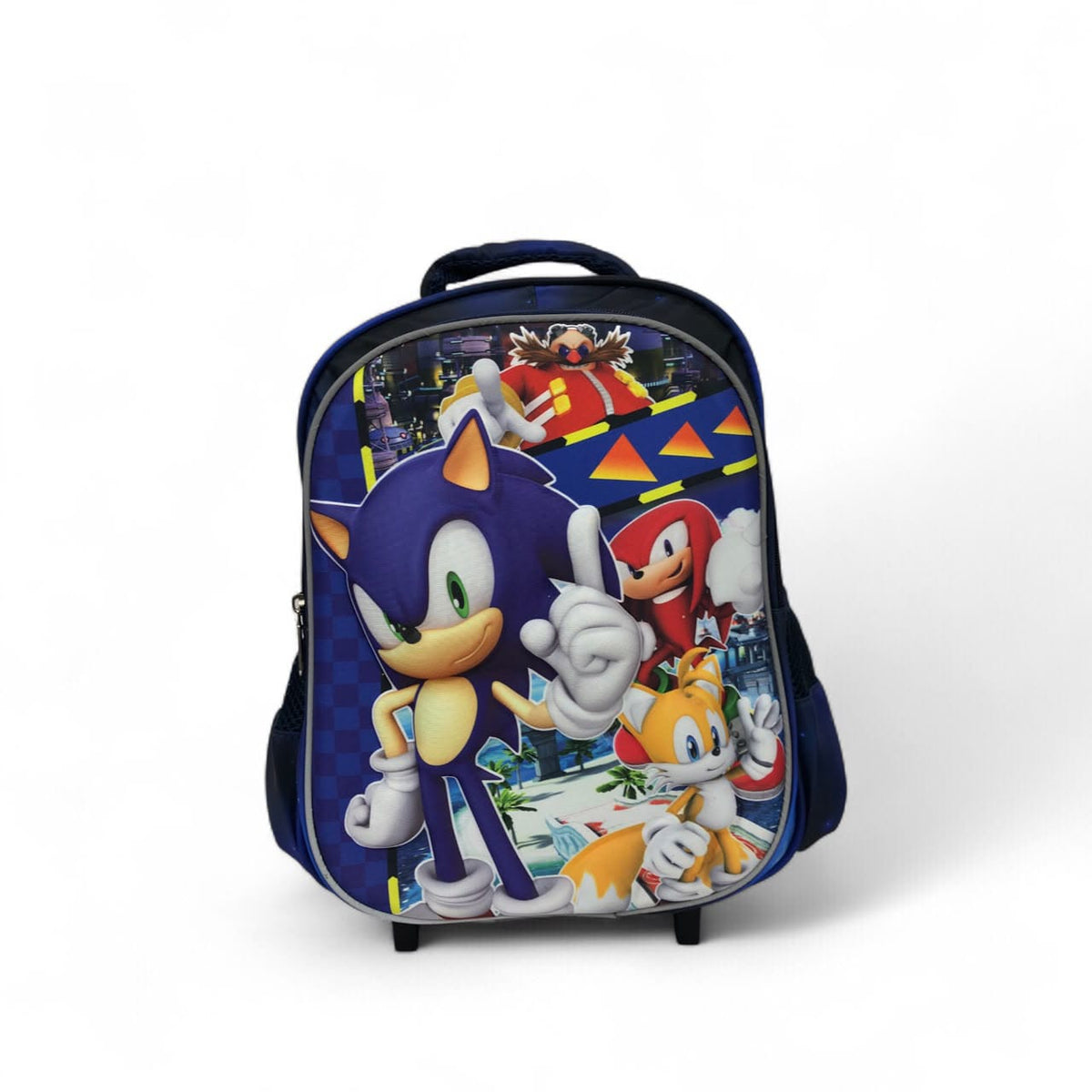 Character printed blue rolling trolley backpack with retractable handle and wheels