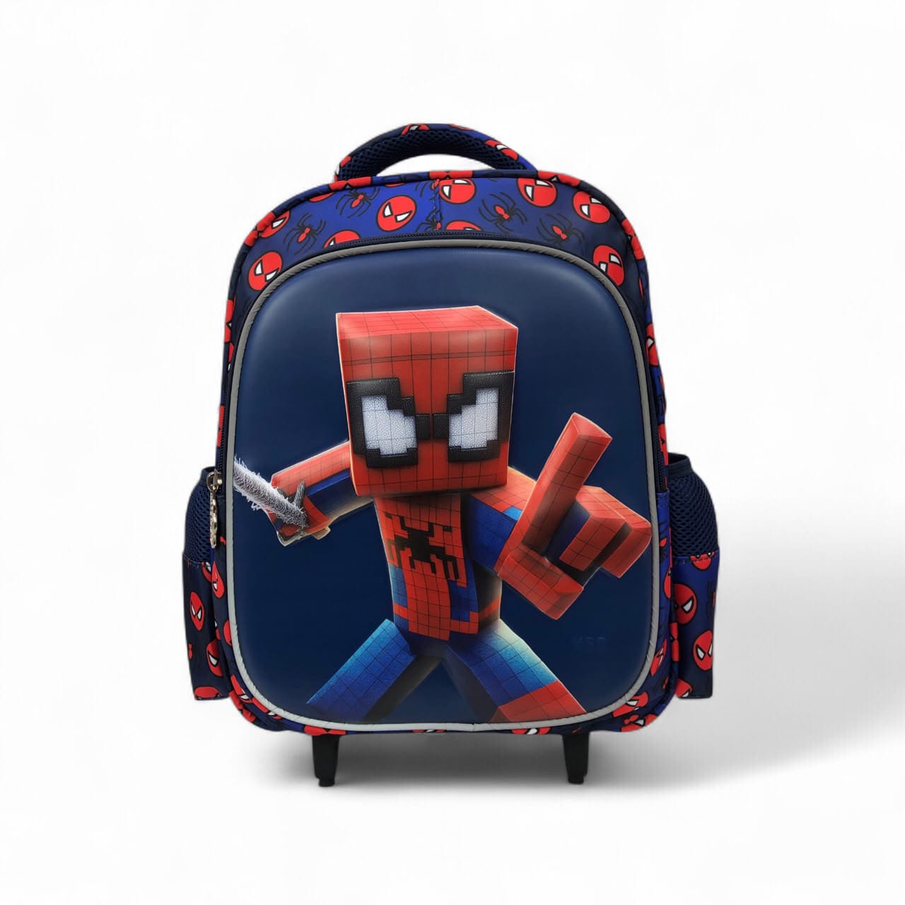 Rolling backpack with navy front showing pixel hero character graphic and red-and-blue spider pattern
