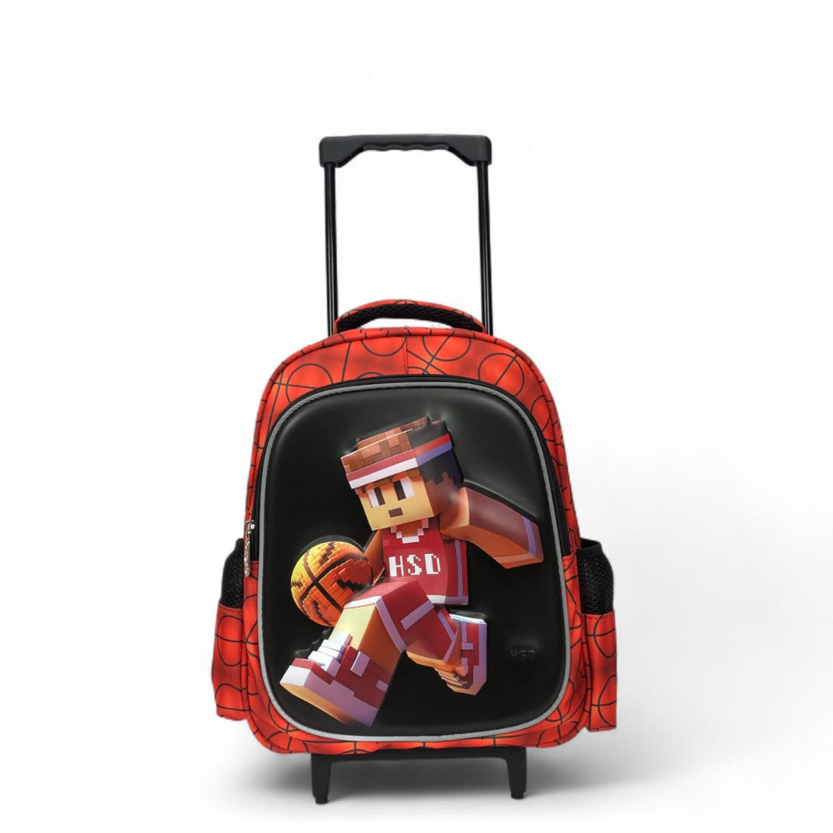 Rolling backpack with orange basketball-pattern shell and pixel character graphic on black panel.