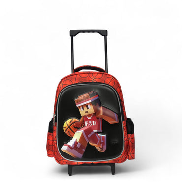 Rolling backpack with orange basketball-pattern shell and pixel character graphic on black panel.
