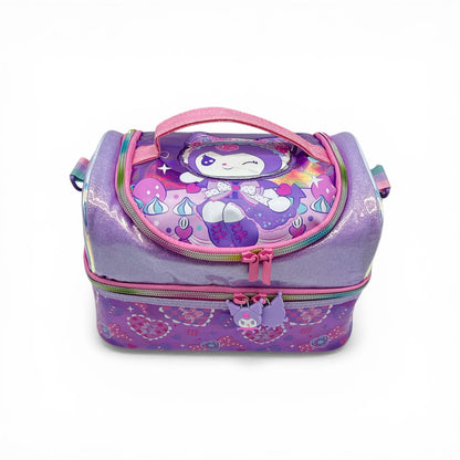 Purple glitter lunch bag with rainbow trim, rounded front, two-way zipper and character panel