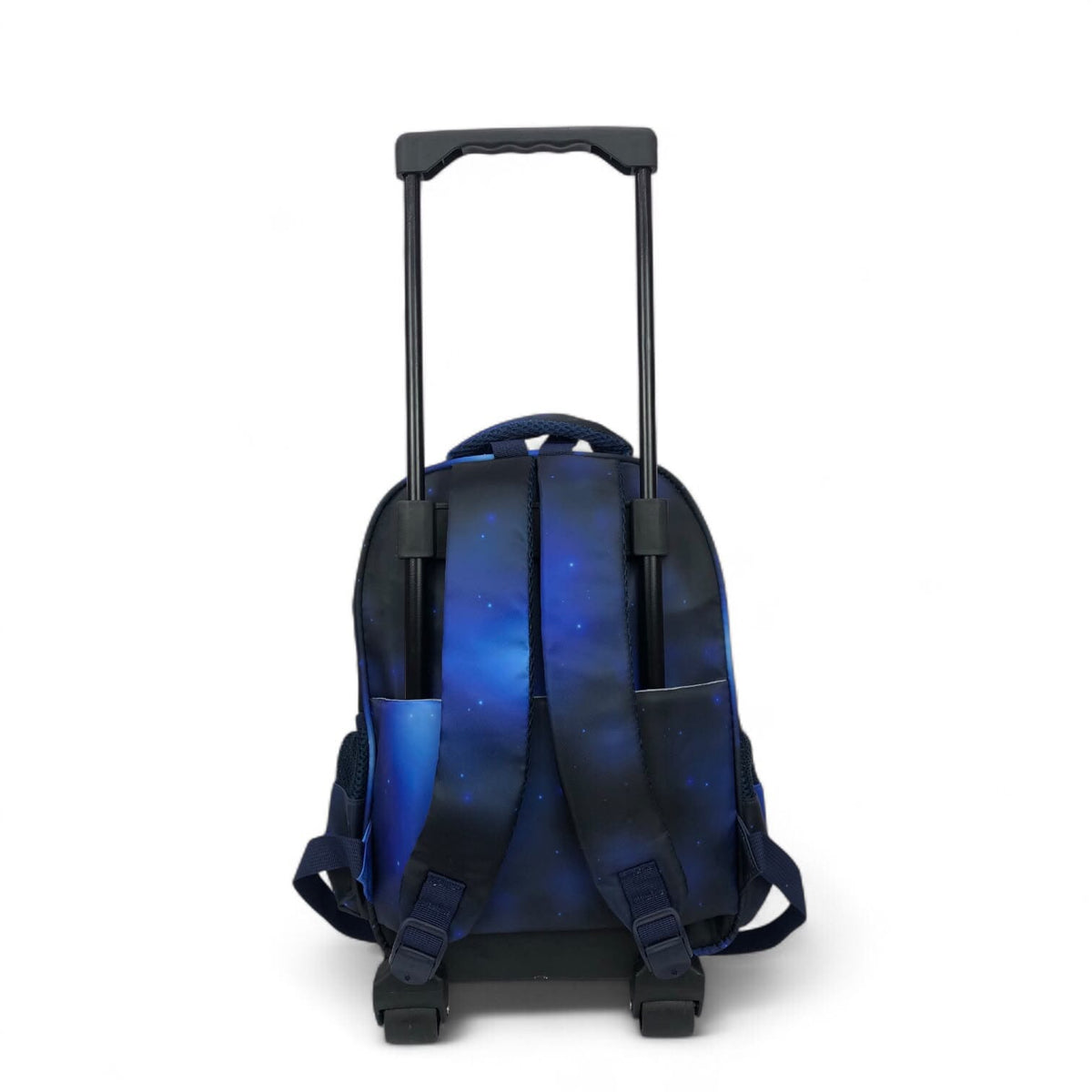 Dark blue rolling trolley backpack with padded straps and retractable handle