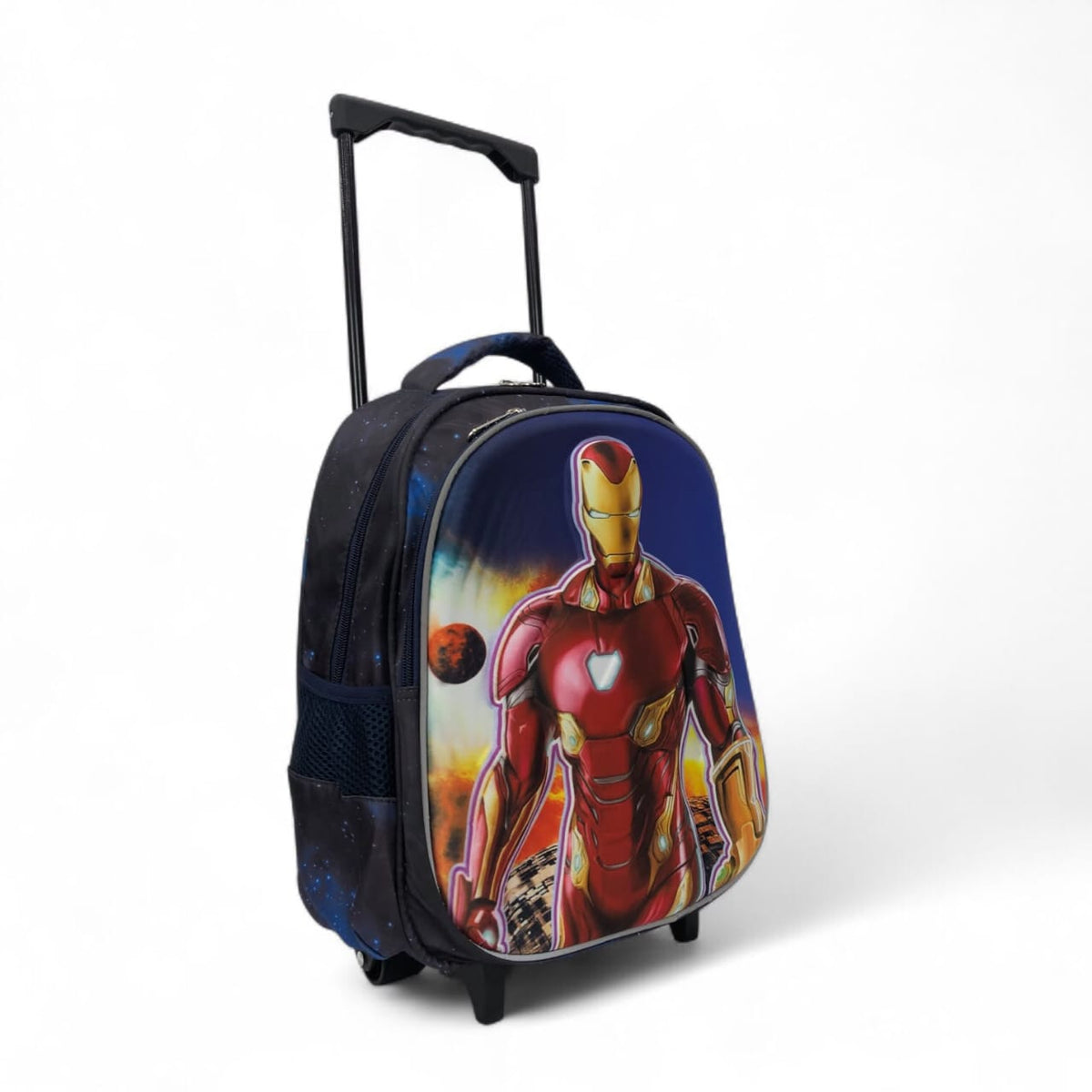 Dark blue rolling backpack with Iron Man character graphic and front zipper