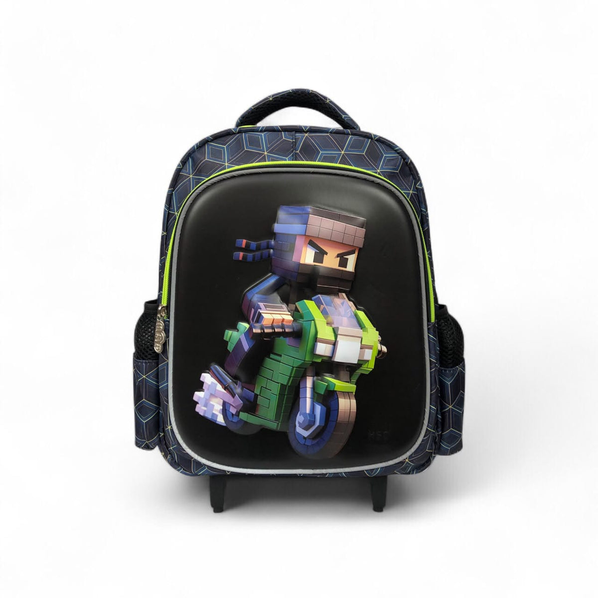 Rolling backpack front with pixel character graphic, black panel and neon green piping