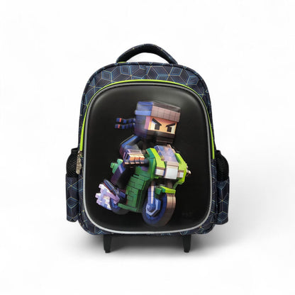 Rolling backpack front with pixel character graphic, black panel and neon green piping