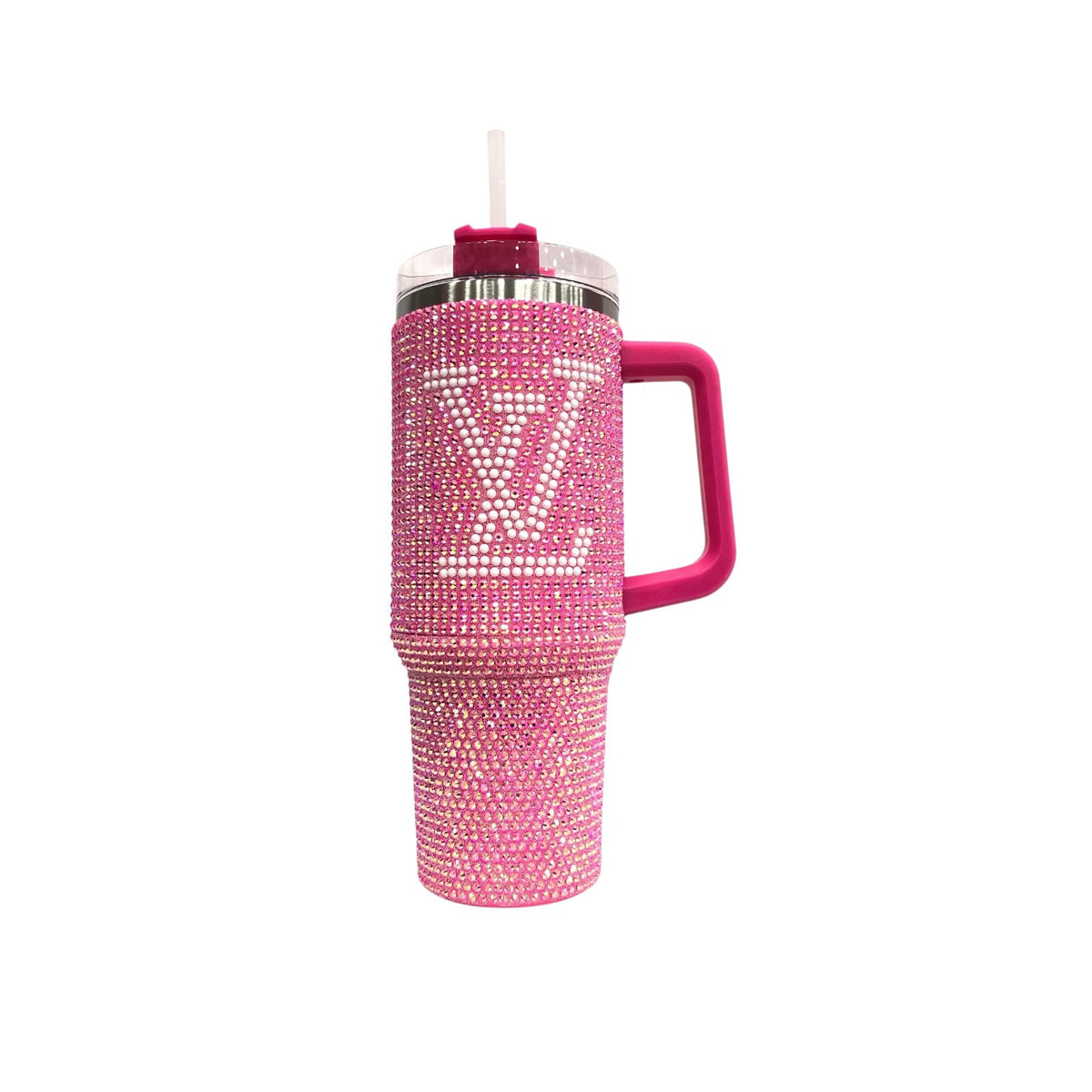 Pink rhinestone LV tumbler with carry handle and clear straw; angled front view