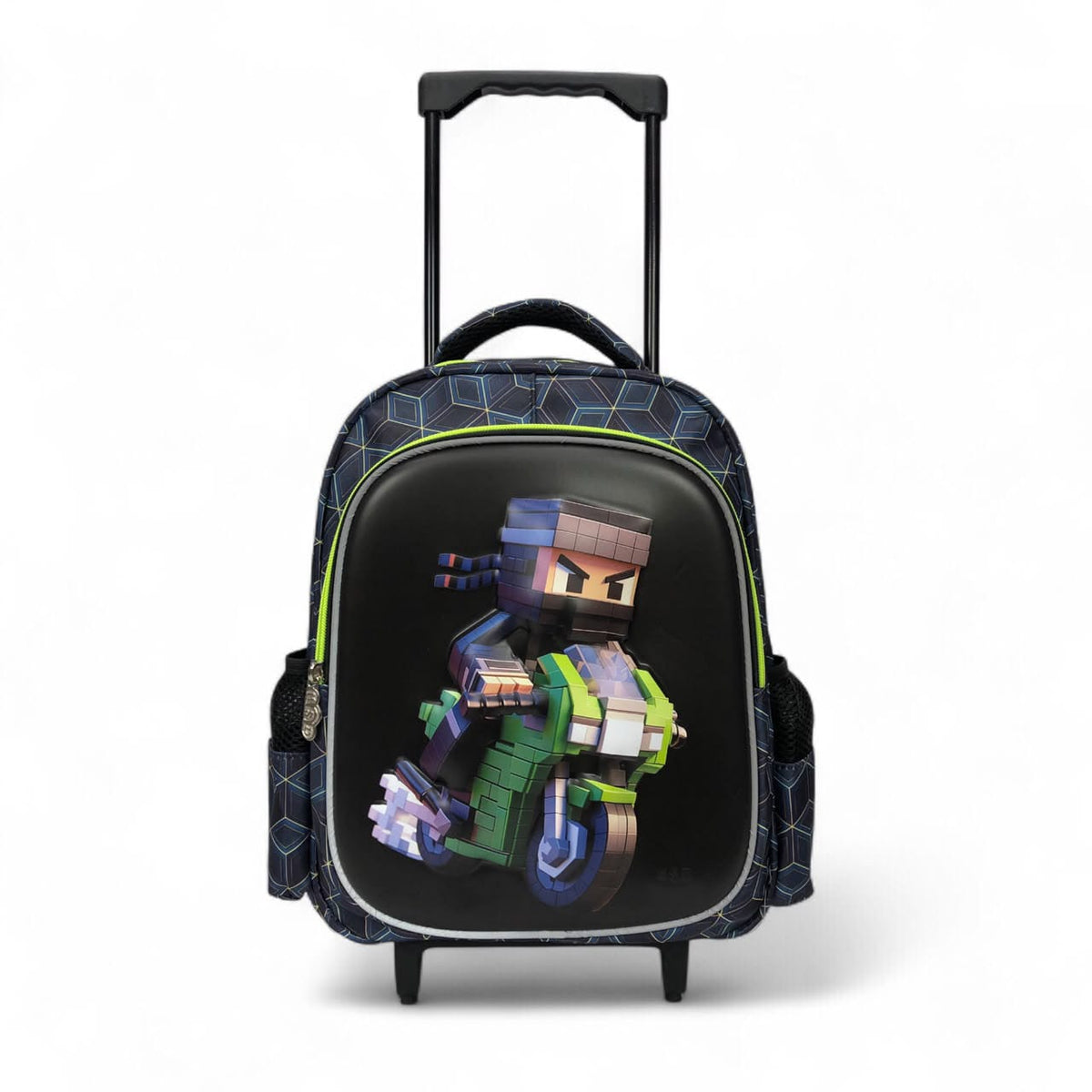 Rolling backpack front, dark blue geometric pattern with neon green trim and pixel character