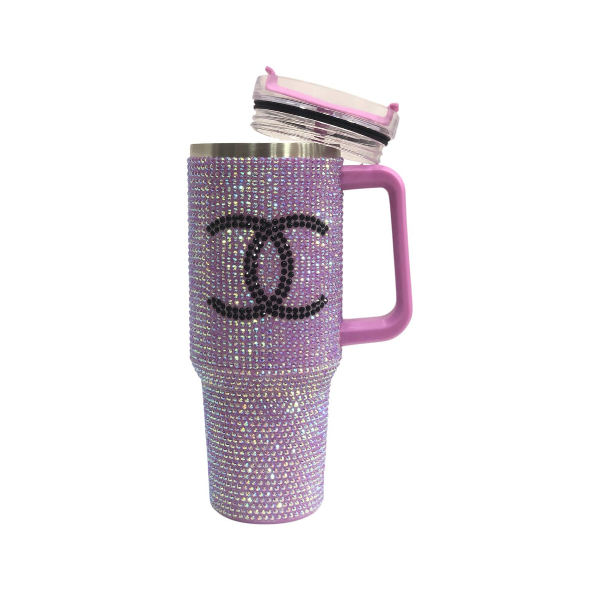 Purple rhinestone tumbler with pink handle, clear lid, and black CC-style logo