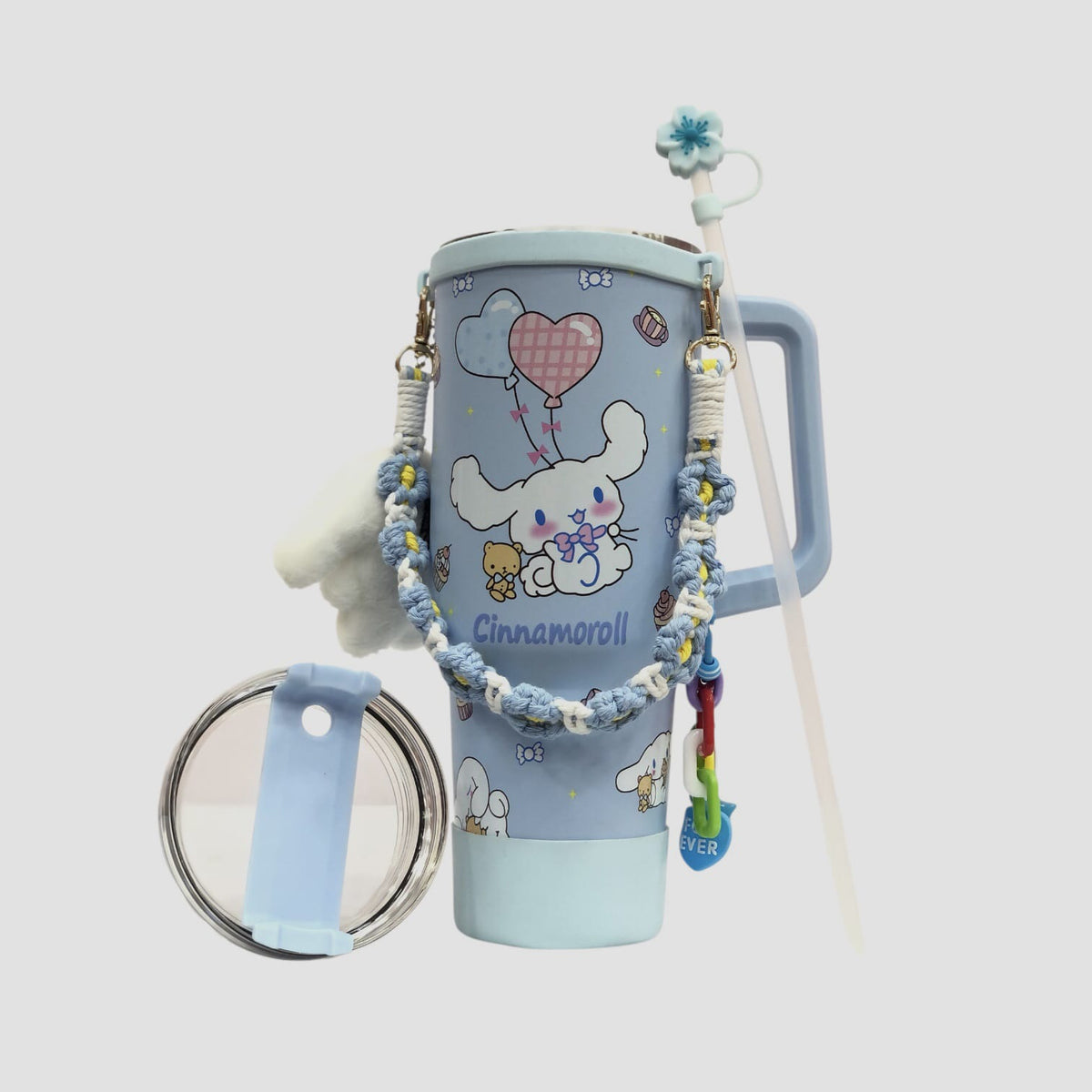 Light blue character tumbler with handle, straw lid, and Cinnamoroll-style plush trim