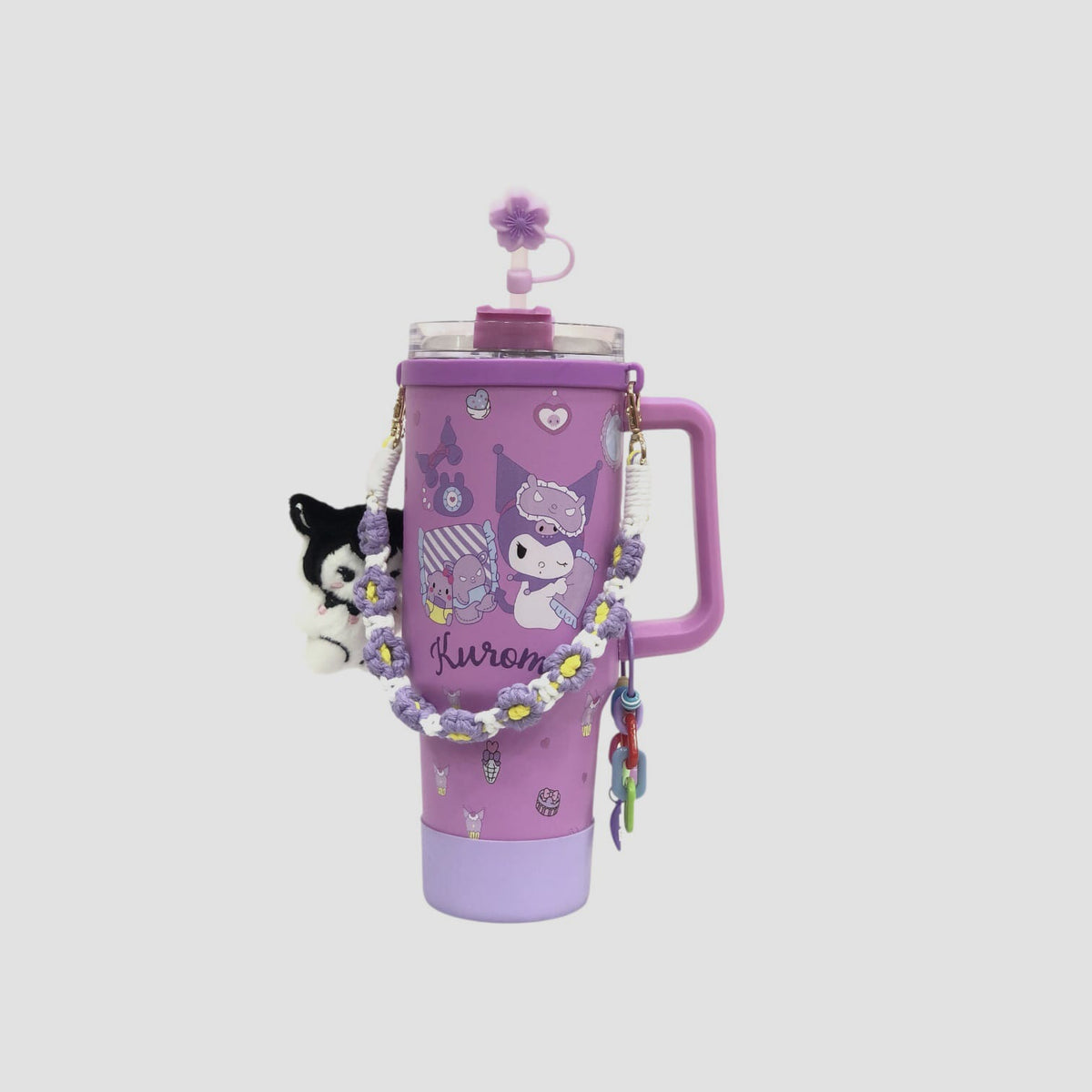 Purple Kuromi tumbler with handle, flip lid, charm strap and cute plush